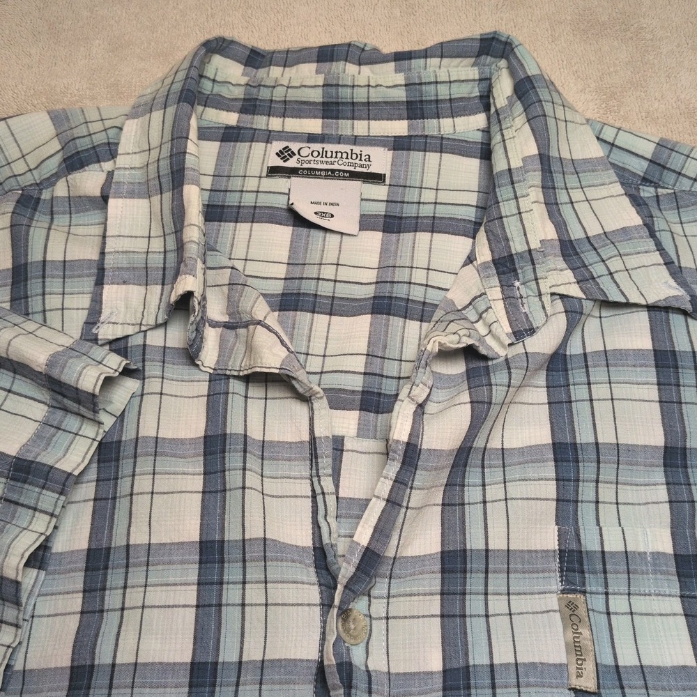 Columbia Mens Size 3XB Blue Plaid Short Sleeve Shirt Cotton Outdoor Fishing
